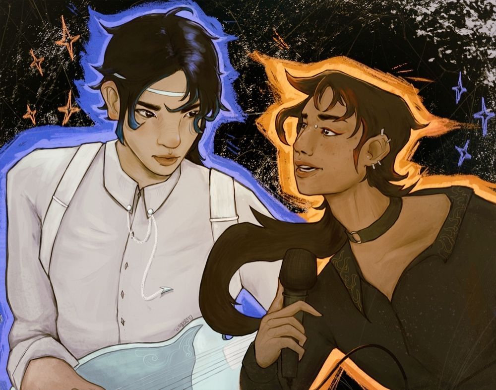 Illustration by user @skuzzybunny of Wei Wuxian and Lan Wangji in their band au stylings, LWJ is holding a pale blue electric guitar and WWX is leaning toward him holding a microphonr
