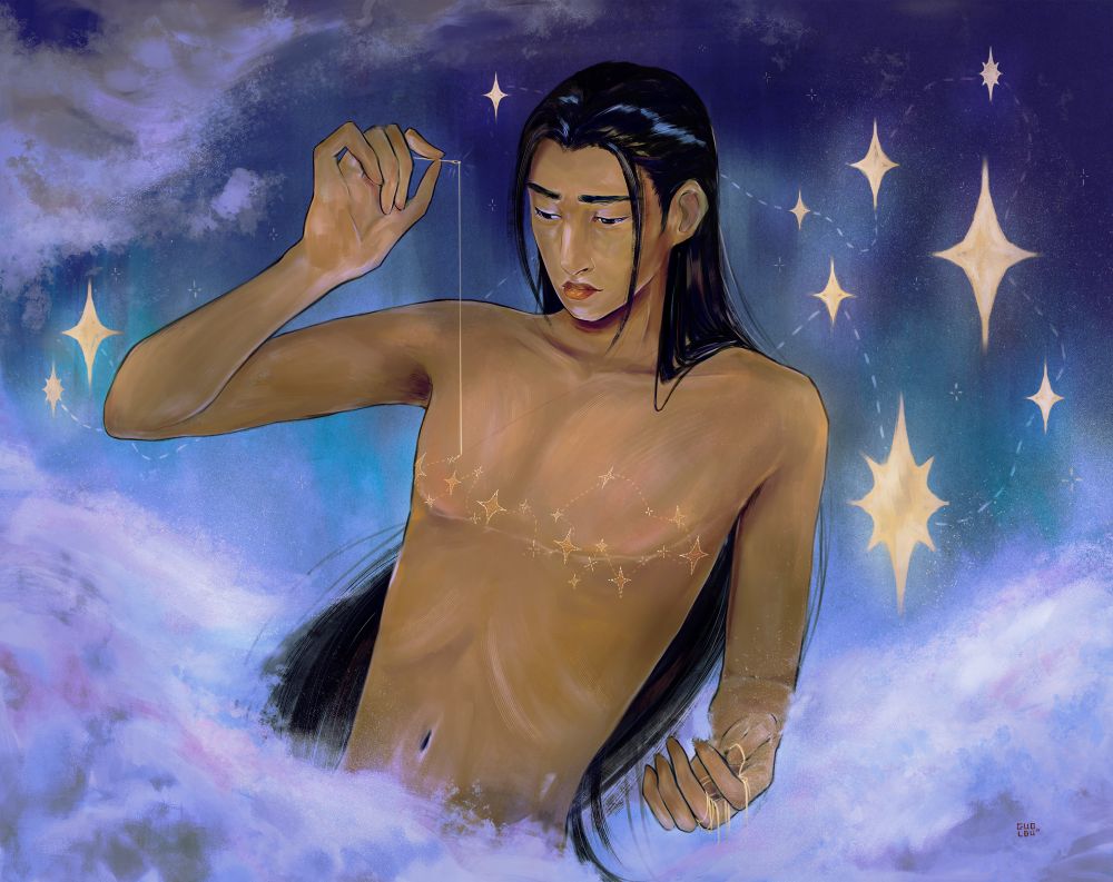 painting by guoldu of a trans person stitching stars on themselves amidst clouds in the sky. bright stars in the background mirror the stars on their chest.