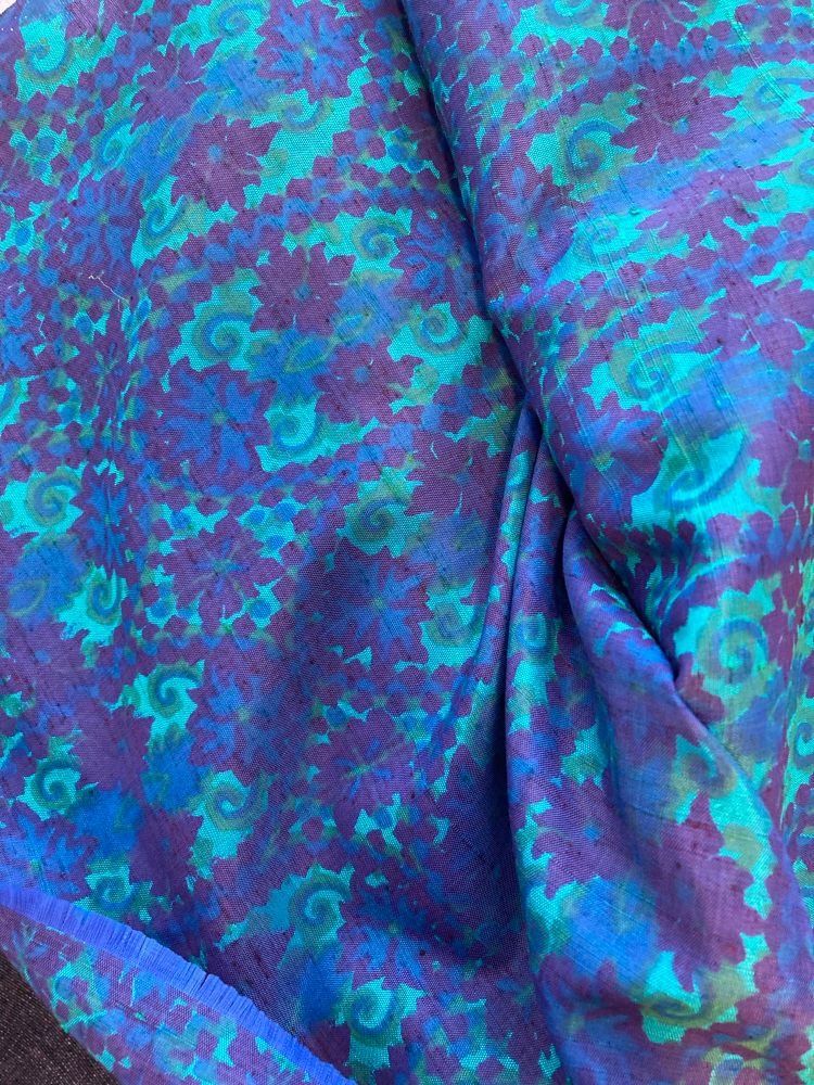 Vintage tussah silk in an abstract pattern of blues and purples and teals and greens