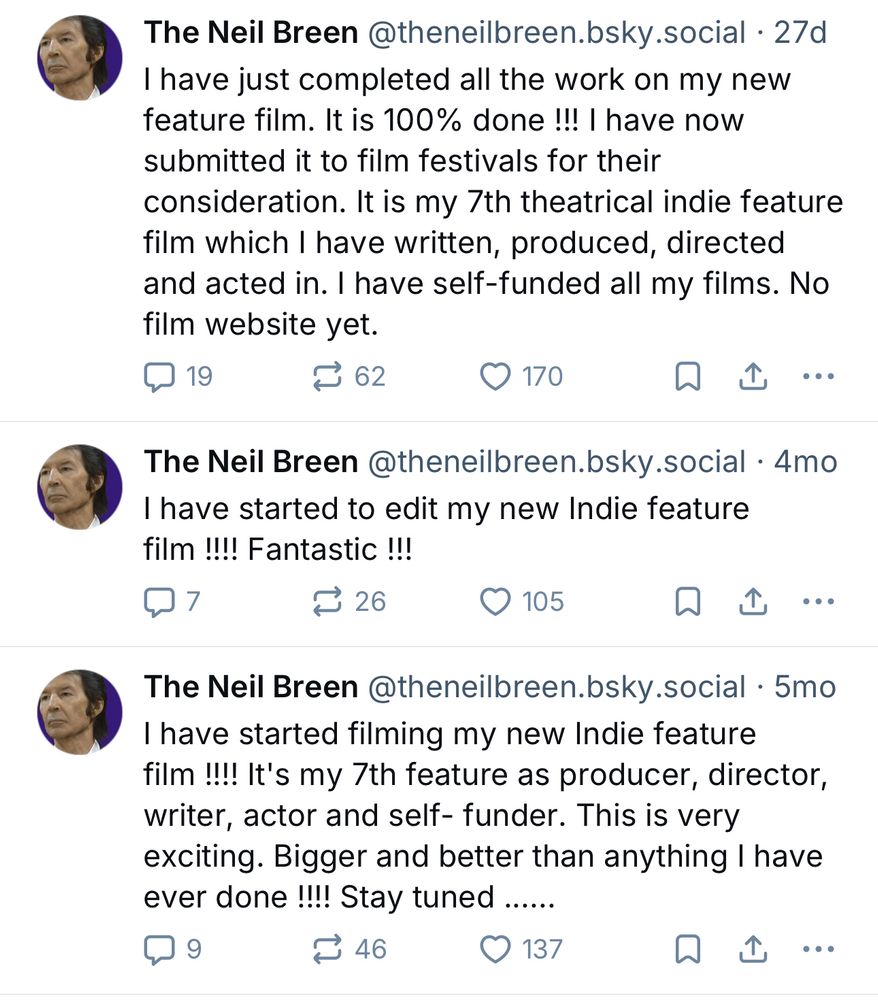 The man has posted three times in five months, only regarding progress on his films