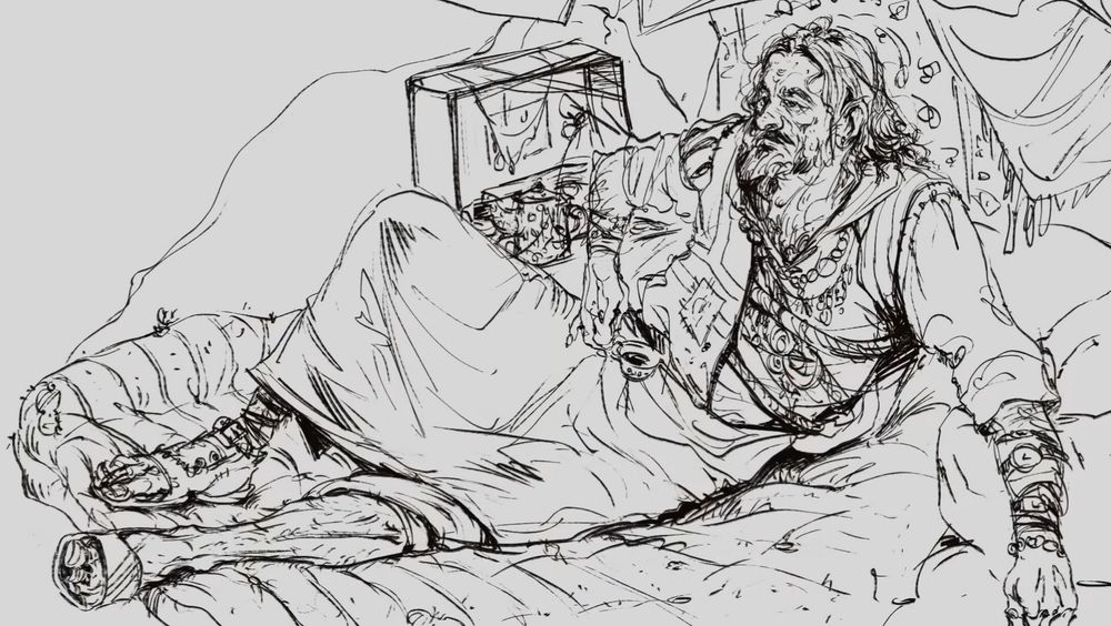 Black and white drawing of the beggar king