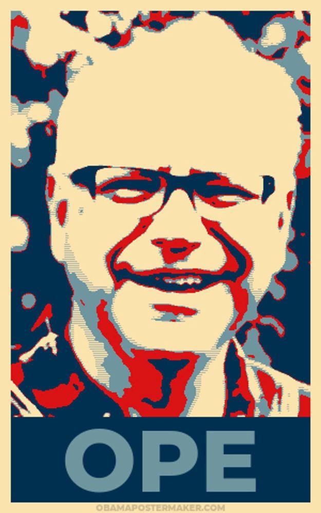 a mock campaign poster for Tim Walz, in the style of Obama posters, with the word 'ope' (instead of 'hope') at the bottom