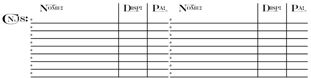 Um seção da ficha de Jornadas de Phantasia com duas colunas na qual são anotadas o Nome, Disposição e quantidade de PAs de Criaturas Não Jogadoras.