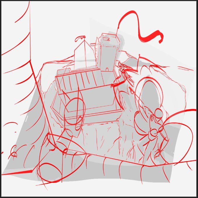 Very early rough in red lines over light gray blocking of a trio of winged humanoid creatures flying towards a castle fortress atop a mountain. The perspective is forced to show the winged humanoid's pov stealthily using the dark night sky to approach a tower that seems to be poorly manned.