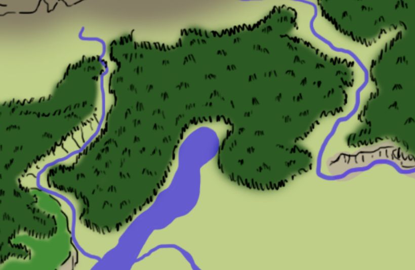 early painting a forested valley region of the map of the previous post. Colored in greens and light browns, with rivers and lakes in blue