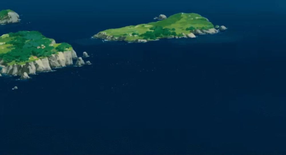 a cartoon airplane is flying over a small island in the distance