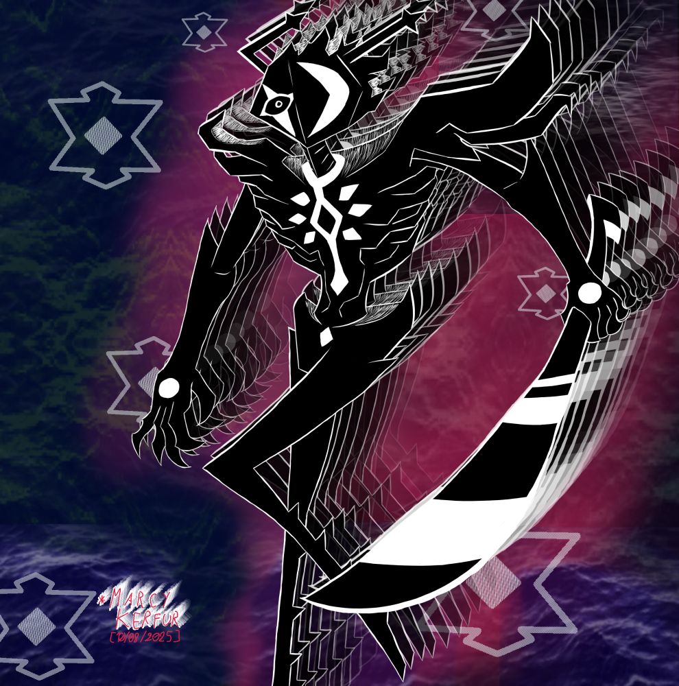 My render of the Roaring Knight from Deltarune, a pitch black creature like a knight with antlers, with one eye looking at the viewer and a large long blade
