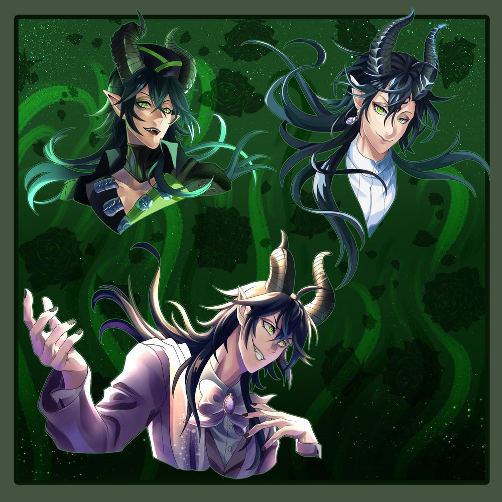A compilation of three days worth of style studies. Each portray Malleus Draconia, one of the characters from Twisted Wonderland. Not compete 1 to 1 studied, as the focus was primarily on the coloring style. Referenced three Malleus cards originally drawn by the creator, Yana Toboso.