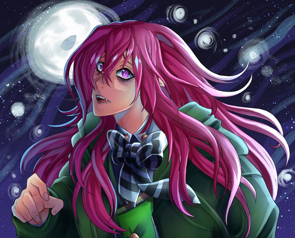 A drawing of my Twisted Wonderland OC, Lucian Evermore, in the Twisted Wonderland artstyle. The drawing is done to apply what I’ve learned during the past few days. Background is a simple textured background cause Bluesky doesn’t fucking support PNGs with transparent backgrounds LMFAO