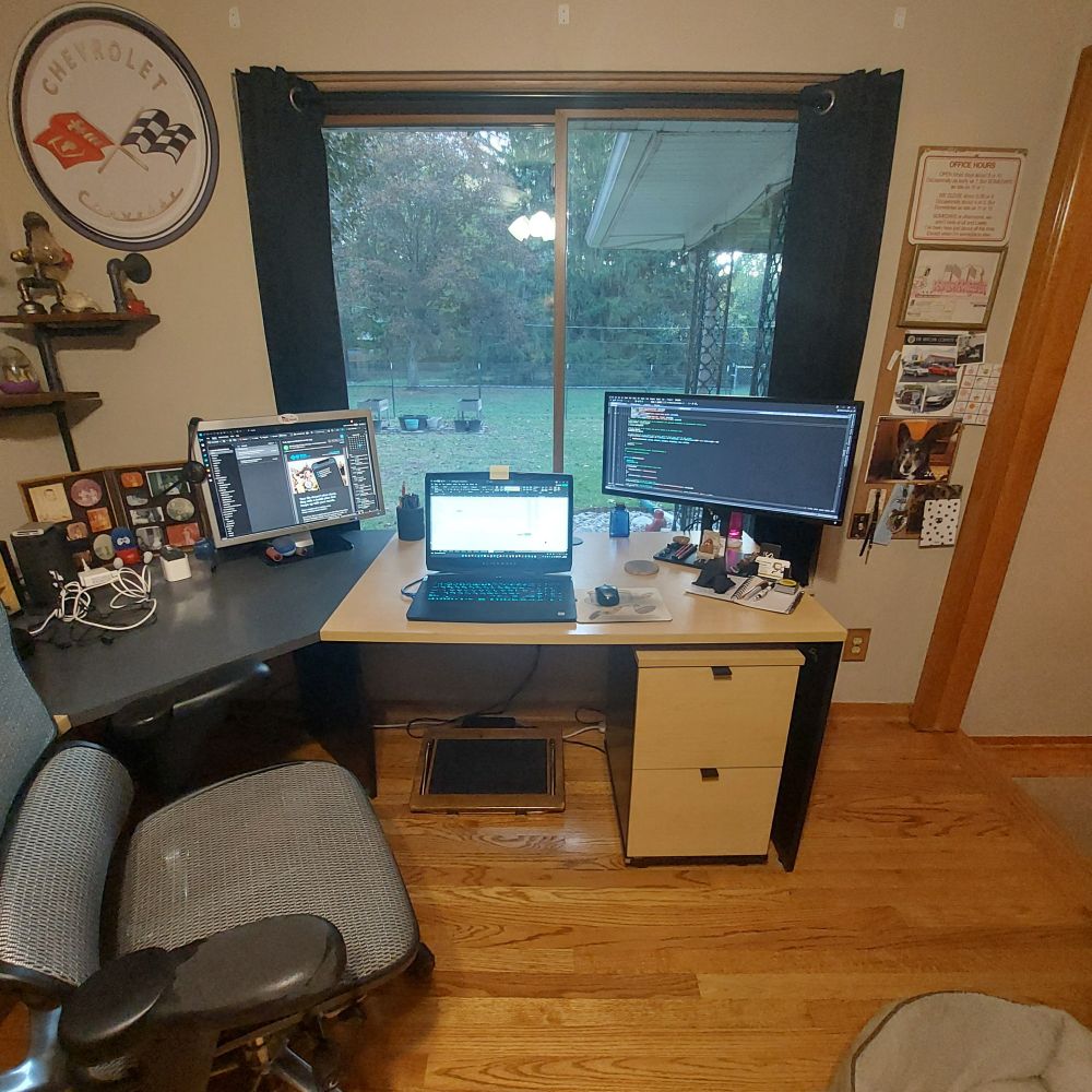 Wide shot of my home office winter coding configuration, which now includes secondary and tertiary monitors to maximum real estate and productivity. 