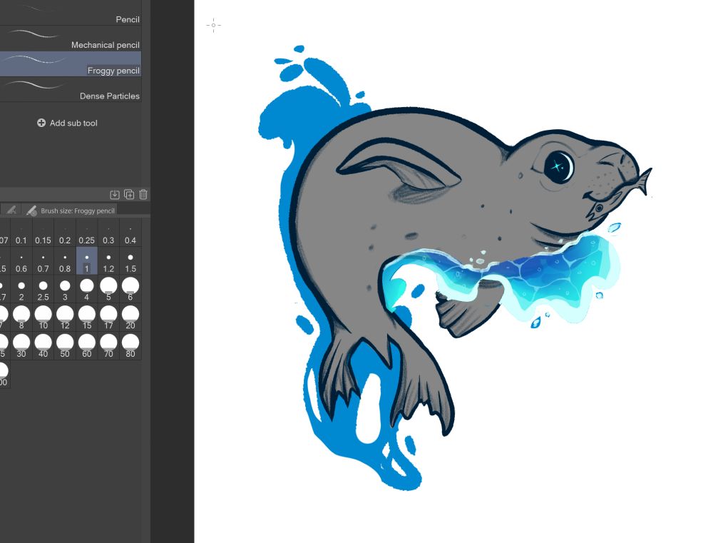 Illustration work in progress of a Hawaiian monk seal with a fish in its mouth and ocean water surrounding it. 