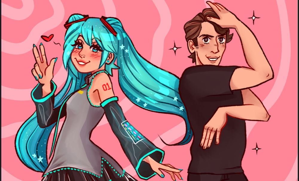Illustration of Hatsune Miku and Jerma985 next to each other doing anime poses. They are against a wavy pink background. 