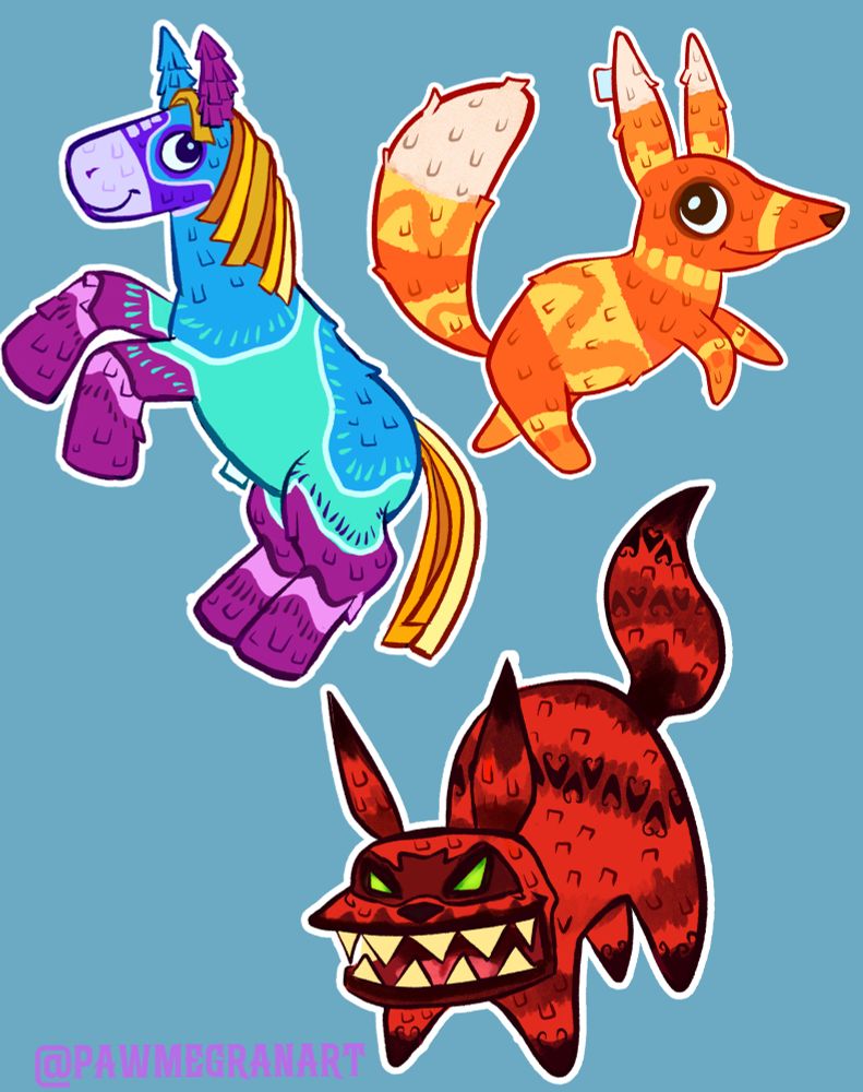 An illustration of a horstachio, pretztail, and sour macaraccoon from the game "Viva Pinata". They are all on a light blue background with a white outline on each of them. 