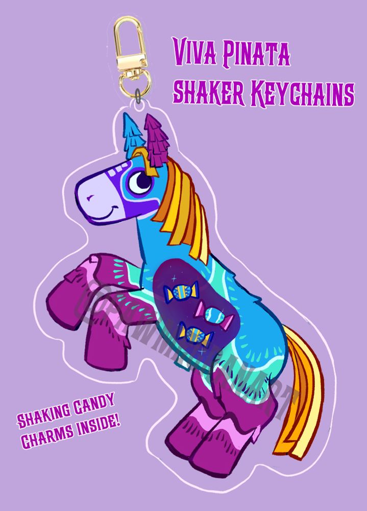 Mockup illustration of a Viva Pinata Horstachio Shaker Charm. The text reads "Viva Pinata Shaker Keychains" and "Shaking Candy Charms Inside!" It is a pinata horse with a window to candy charms intended to shake around on the inside. 