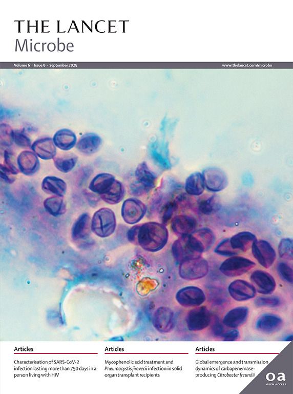 Cover of The Lancet Microbe's September issue with a "Light micrograph of a lung sample from an AIDS patient showing cysts of Pneumocystis [jirovecii]".