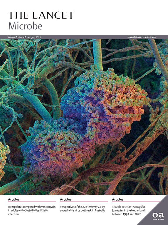 Cover of The Lancet Microbe's August issue with a "Coloured Scanning Electron Micrograph of fruiting bodies of the fungus Aspergillus fumigatus".