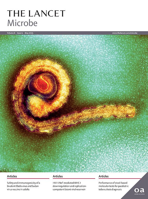 Cover of The Lancet Microbe's May issue with a "Coloured transmission electron micrograph of an ebola virus particle".
