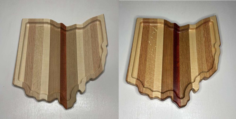 State of Ohio tray before (left) and after (right) being oiled.