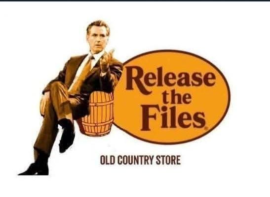 Cracker Barrel logo reworked so it's Gavin Newsom and Release the Files