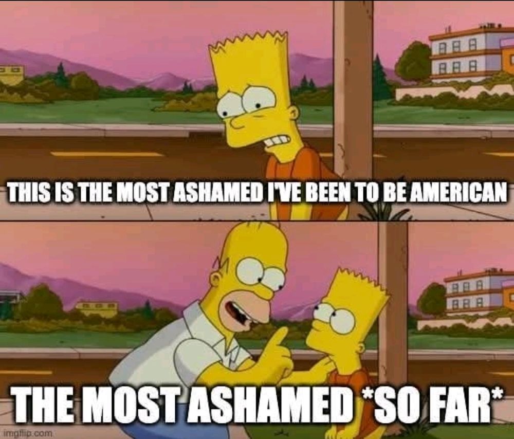 Bart and Homer Simpson. Bart: THIS IS THE MOST ASHAMED I'VE BEEN TO BE AMERICAN Homer: THE MOST ASHAMED SO FAR