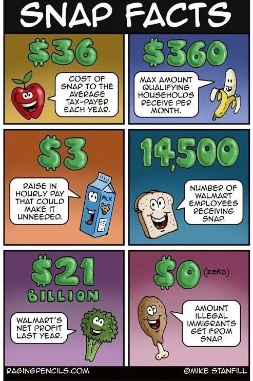 6-panel political comic by MIKE STANFILL at RAGINGPENCILS.COM

1. SNAP FACTS $36
An apple says: COST OF
SNAP TO THE AVERAGE TAX-PAYER EACH YEAR.

2. $369
Banana: MAX AMOUNT QUALIFYING HOUSEHOLDS RECEIVE PER MONTH.

3. $3
Milk Carton: RAISE IN HOURLY PAY THAT COULD MAKE IT UNNEEDED.

4. 14,500
White Bread Slice: NUMBER OF WALMART EMPLOYEES RECEIVING SNAP.

5.  $21 BILLION
Broccoli Stalk: WALMART'S NET PROFIT LAST YEAR.

6. $0 (ZERO)
Drumstick: AMOUNT ILLEGAL IMMIGRANTS GET FROM SNAP.