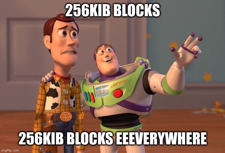 Toy story meme makes fun of default 256KiB block size