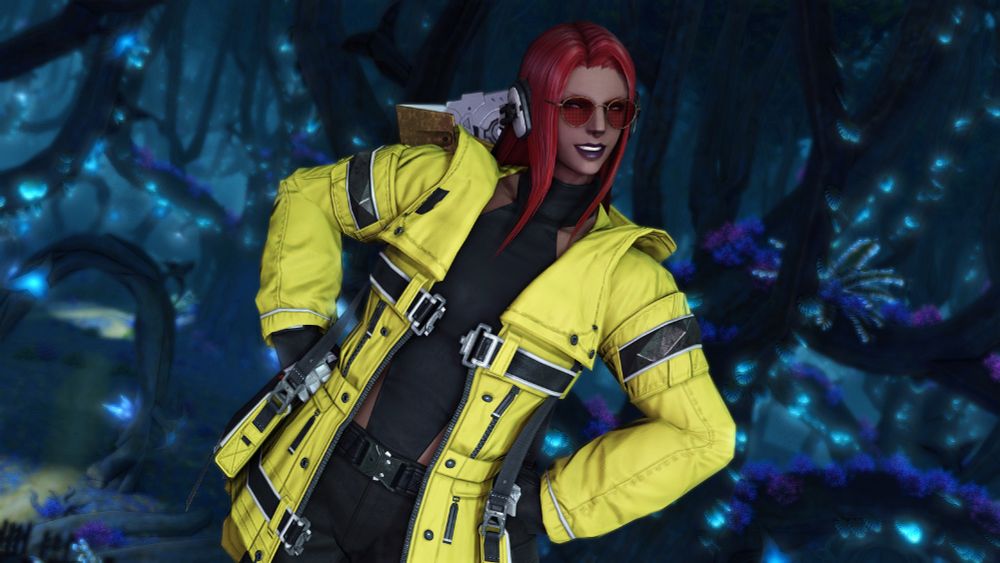 FFXIV: Femroe in Yak T'el wearing Everseeker Gear and some sick red-lensed shades.