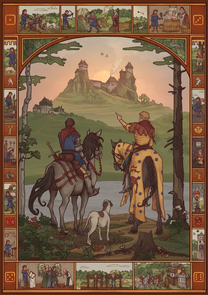 Fanart for Kingdom Come Deliverance shows Henry and Hans being out for the adventure, looking at Trosky Castle from afar. Kingdom Come is my current hyperfixation, so there are small frescos in medieval style framing the art. On those I tried to encapsulate what our hero Henry went through - from stealing soup and being forced to avoid Zhelejov for a whole week because the fine was 300 groschen and Henry only had 20 (personal experience, this one still pains me) to carrying sacks and preaching instead of father Godwin. There’s also a column of Hans being a damsel in distress and other meaningful evens from KCD1 and KCD2.