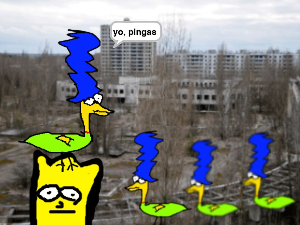 Marge bird saying "yo, pingas" while standing on a Bart head