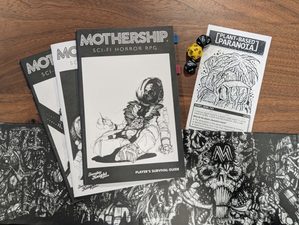 The rulebooks for the Mothership RPG and some dice showing my players' average luck this session.
