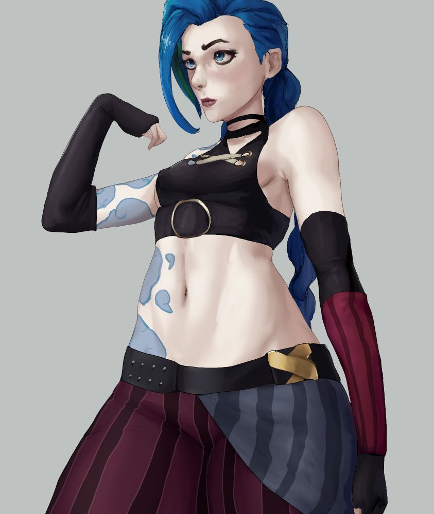 Jinx from League of Legends and Arcane, in a low angle shot emphasizing wide hips. Her blue hair is tied up in its usual style of two braids. 