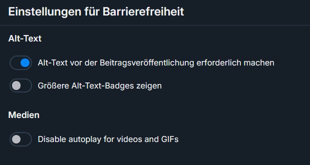 Bild von den BlueSky Einstellungen um ALT Text verpflichtend zu machen