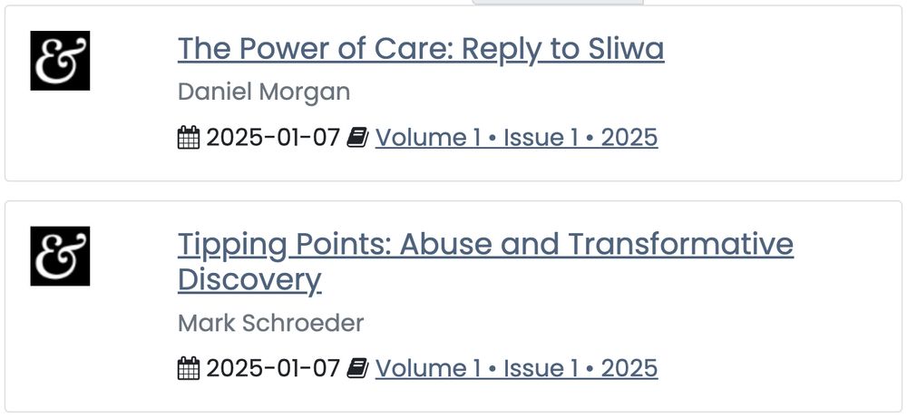 Image of a text: a screenshot of a list of journal published articles at Free & Equal: A Journal of Ethics and Public Affairs