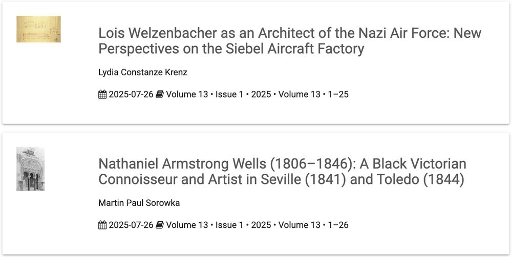 Image of a text: a screenshot of a list of journal published articles at Architectural Histories