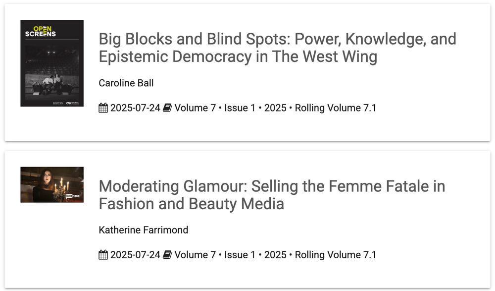 Image of a text: a screenshot of a list of journal published articles at Open Screens