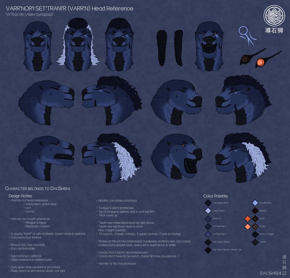 Reference sheet displaying the head anatomy of a greyish blue alien synapsid, featuring multiple head views, design notes, and a color palette.