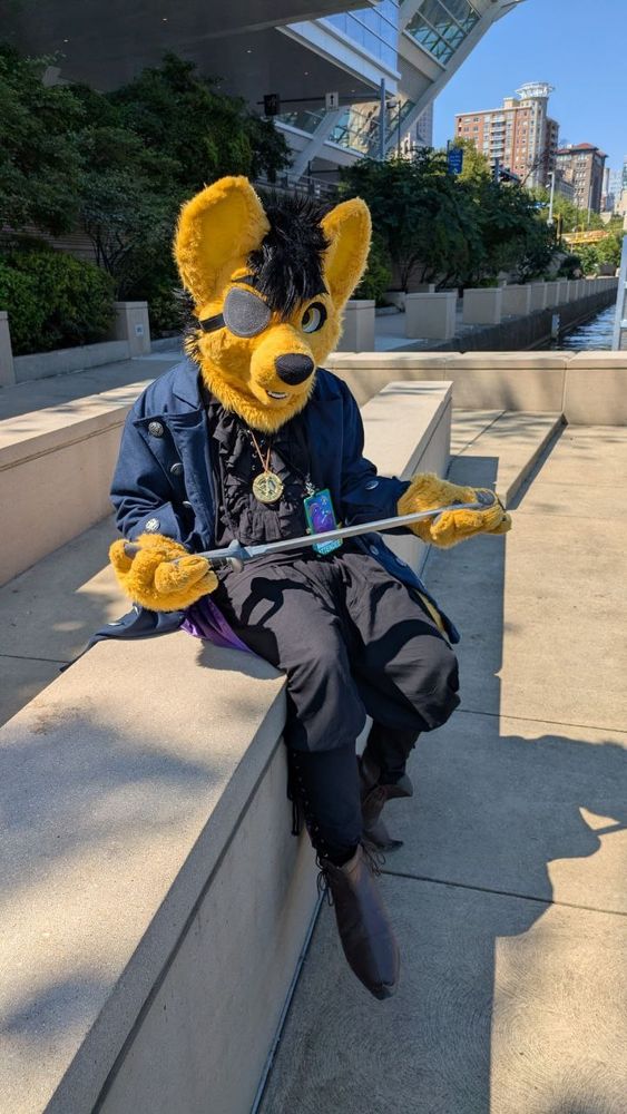 Fursuit photo of Caine, a yellow coyote in a black frilled pirate costume and a navy coat and purple sash

Sitting down sword lay flat in both hands at rest