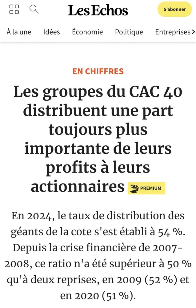 Article des Échos : "Les groupes du CAC 40 distribuent une part toujours plus importante de leurs profits à leurs actionnaires"