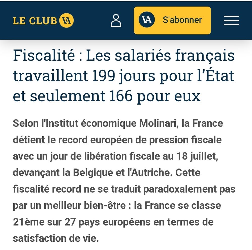 Article de Valeurs actuelles : " Fiscalité : Les salariés français travaillent 199 jours pour l'État et seulement 166 pour eux"