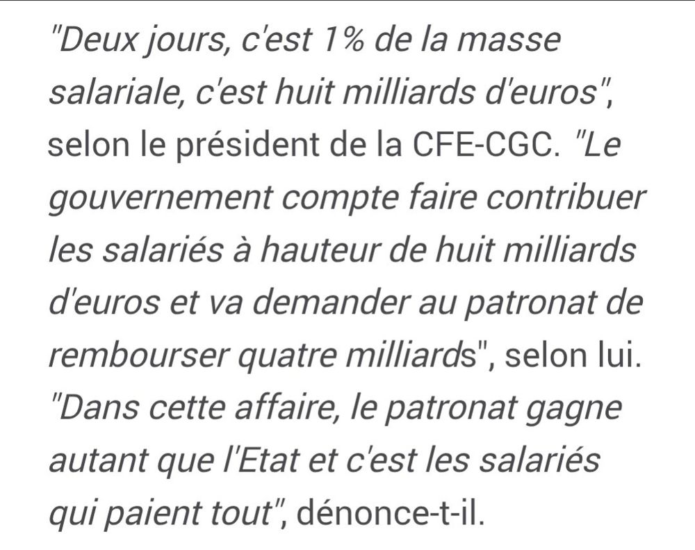 Capture d'écran d'une article de France Info, où le président du syndicat CFE-CGC explique que la suppression de deux jours fériés ferait contribuer les salariés à hauteur de 8 milliards d'euros, dont 4 milliards que le gouvernement demanderait au patronat de lui rembourser.