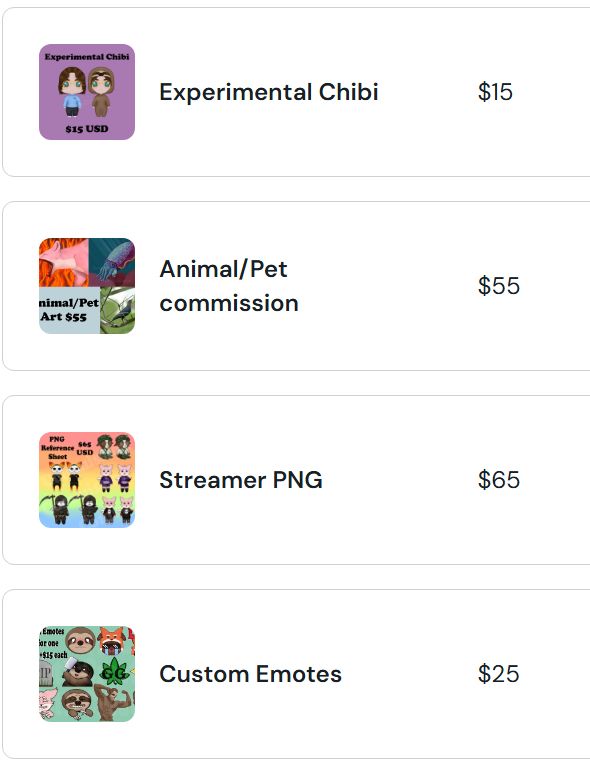 A screenshot of 4 ko-fi listings. The first is "Experimental Chibi $15", second is "Animal/Pet commission $55", third is "Streamer PNG $65", and the fourth is "Custom Emotes $25".