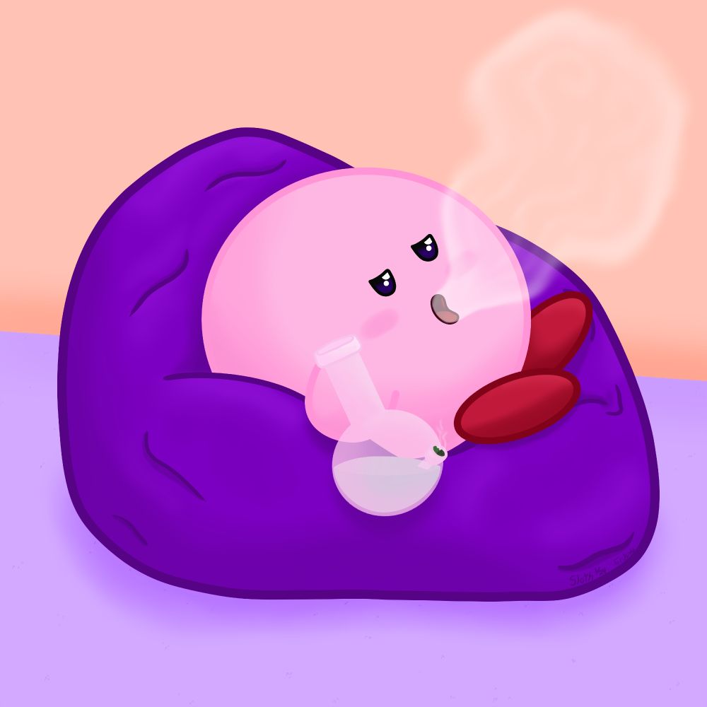 Kirby holding a light pink bong while chilling on a purple bean bag and blowing out a fat hit