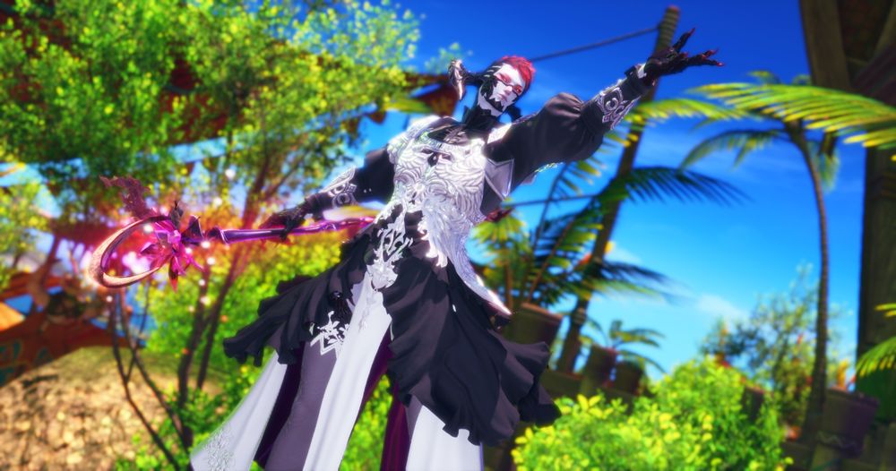 Male au ra with pale grey skin and short. dyed red hair with shaved sides poses confidently. He is wearing a gleaming white armor with a black dress underneath, and is wielding a staff that is glowing with purple and orange energy.