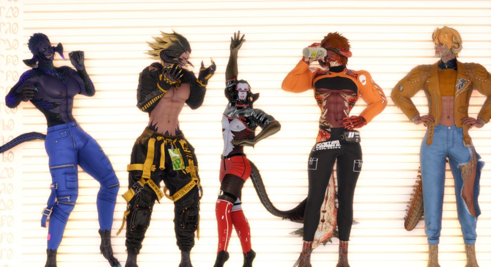 Five male au ra in various states of dress posing in front of a police height chart. Leftmost, a hulking muscular blue-skinned man, is throwing shadow boxes and grinning through a disfigured mouth. Next, Magnai Oronir in black-and-yellow futuristic clothes is airing his frustrations out on the next au ra, shorter than the others by a lot and striking a fabulous pose with a shit-eating grin on his face. Au Ra fourth from the left is dressed in orange and chugging back an alcoholic beverage without paying attention to what's happening around him. Last man in a light brown leather jacket and ripped blue jeans is standing properly and looking over at his compatriots with disapproval.
