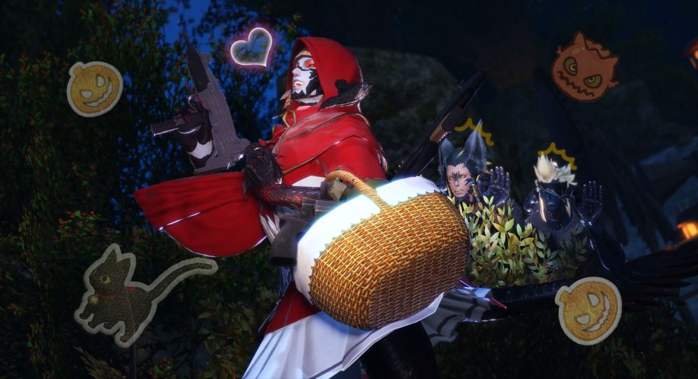 Male au ra in a Little Red Riding Hood costume poses in the middle of a forest at night. He is wielding an UZI machine gun in one hand and laughing maniacally while carrying a basket with guns and grenades peeking out of it. Behind him, Magnai Oronir and Daidukul Buduga dressed in werewolf costumes are surrendering out of fear