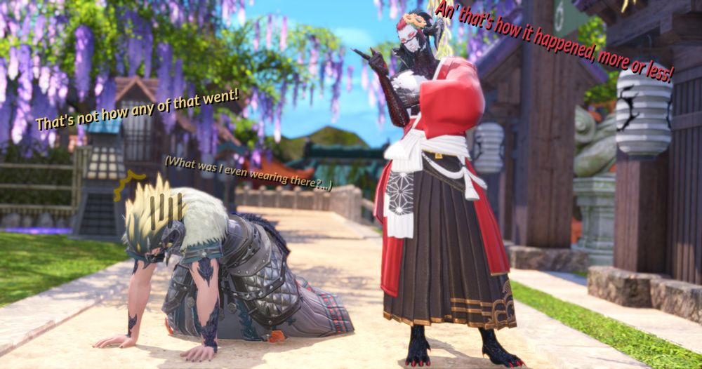 In present day, Sunesu finishes telling the story of when he fell in love with Magnai for the first time, meanwhile Magnai has collapsed on his hands and knees out of embarrassment from hearing the colored re-telling once more.

Sunesu
An' that's how it happened, more or less!

Magnai
That's not how any of that went!
(What was I even wearing there?...)
