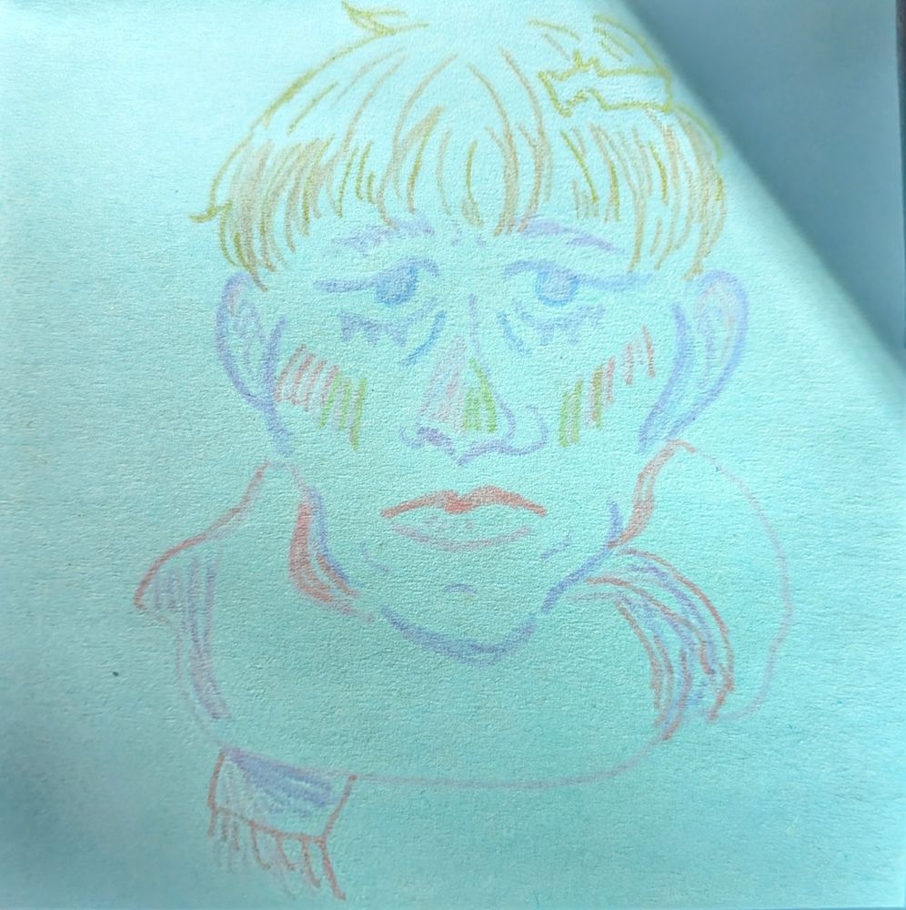 A sketch portrait of Acele Berger from Disco Elysium using multicoloured felt pens