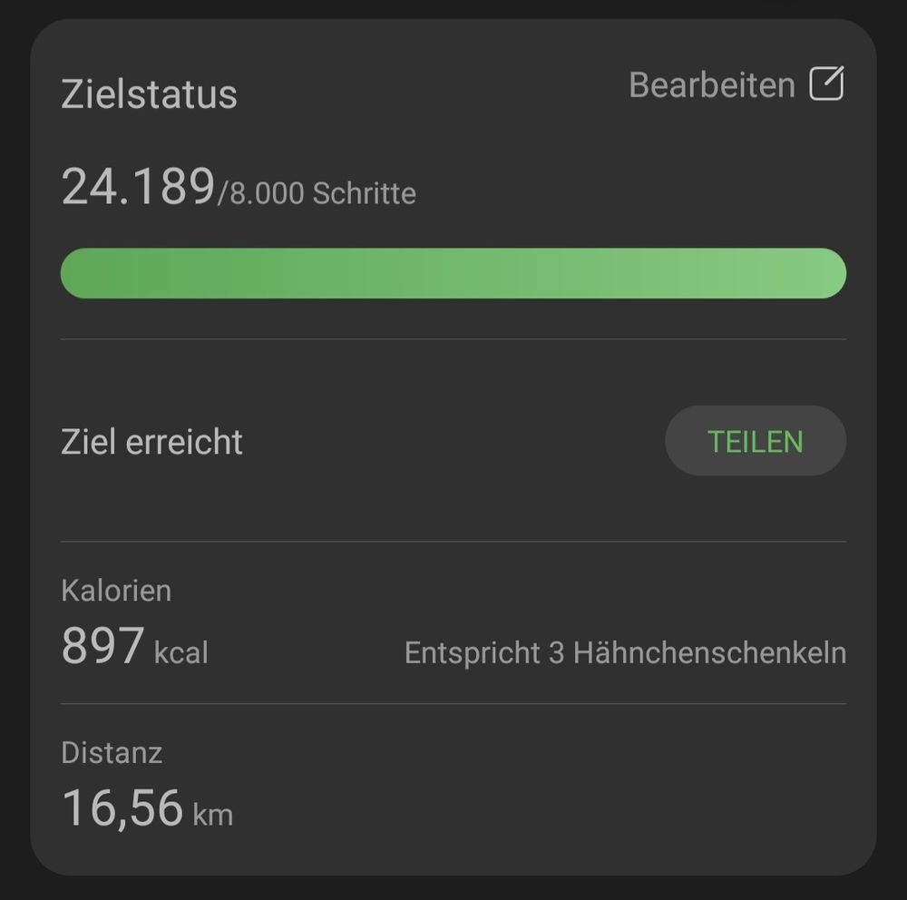 Screenshot aus meiner Fitness-App. Auf dem Screenshot ist zu sehen, dass ich 24.189 Schritte gelaufen bin, 897 Kalorien verbraucht habe und 16,56km gegangen sind. 