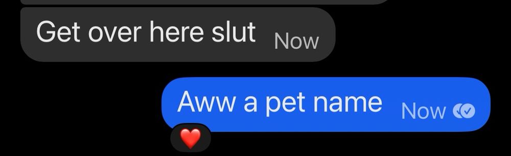 Texter 1: Get over here slut
Texter 2: Aww a pet name 