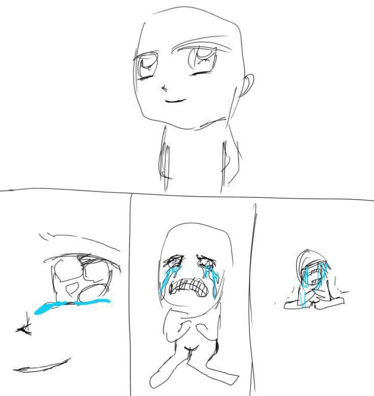 sketch comic panels. top panel is a guy looking chill with anime eyes and bottom three panels are of the guy screaming crying & sobbing on his knees